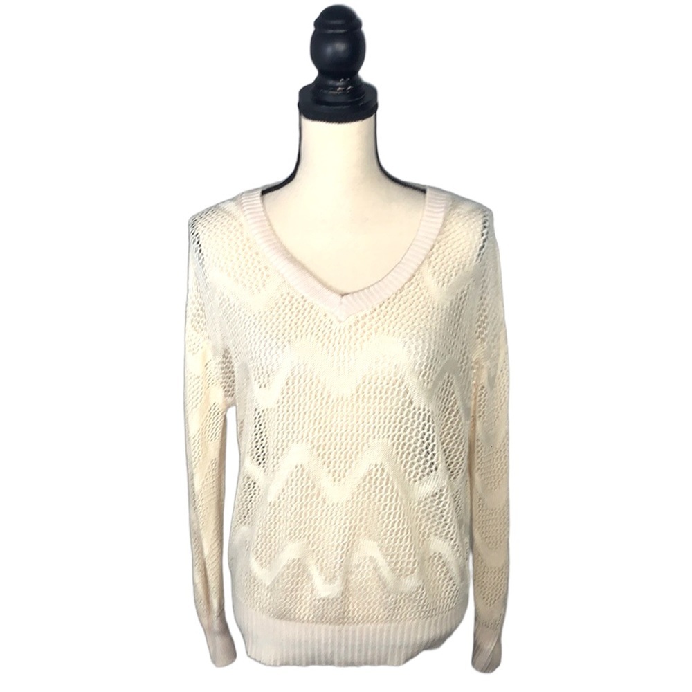 Fashion Magazine Cream Open Knit V Neck Pullover Sweater Lightweight Large